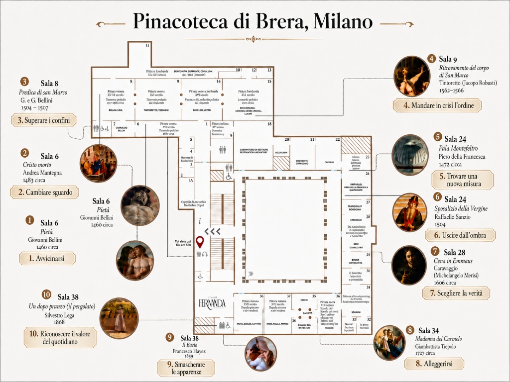 Mappa della Pinacoteca di Brera con il percorso delle 10 tappe della Brera Rebel Edition
