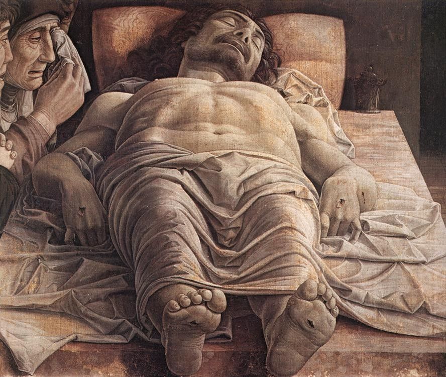 Cristo morto di Andrea Mantegna, visto in scorcio prospettico dai piedi