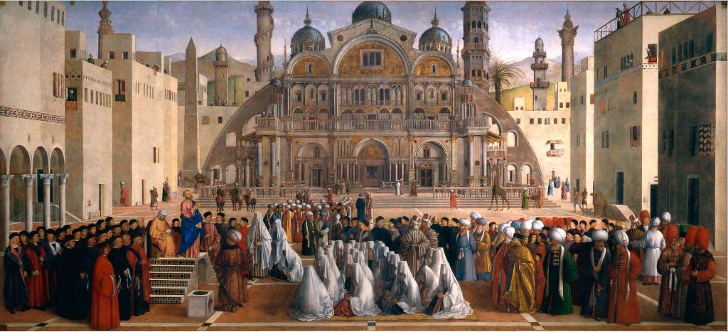 Predica di san Marco ad Alessandria d'Egitto, grande piazza con folla orientale e veneziana