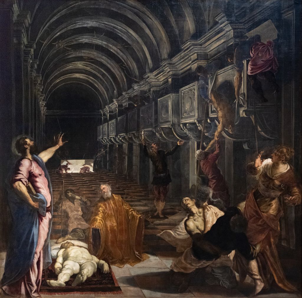 Il ritrovamento del corpo di san Marco di Tintoretto, scena drammatica in una cripta con prospettiva accelerata