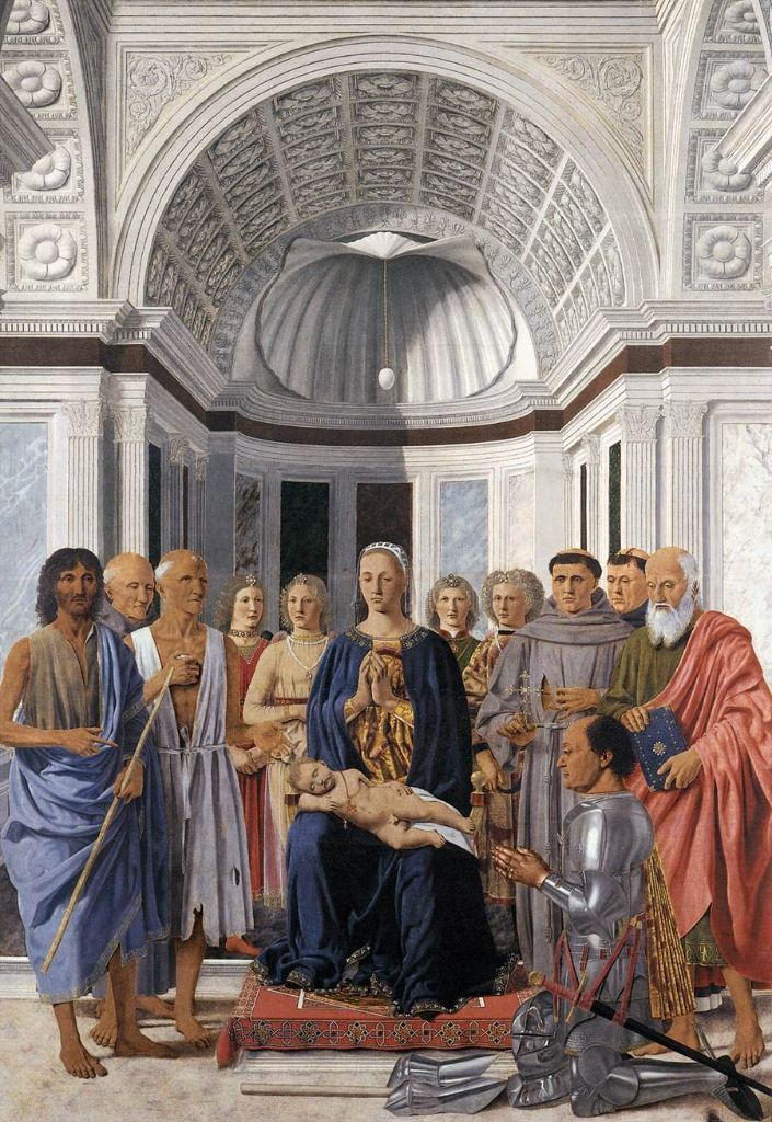 Pala Montefeltro di Piero della Francesca, Madonna col Bambino tra santi in un'abside classica con un uovo di struzzo sospeso