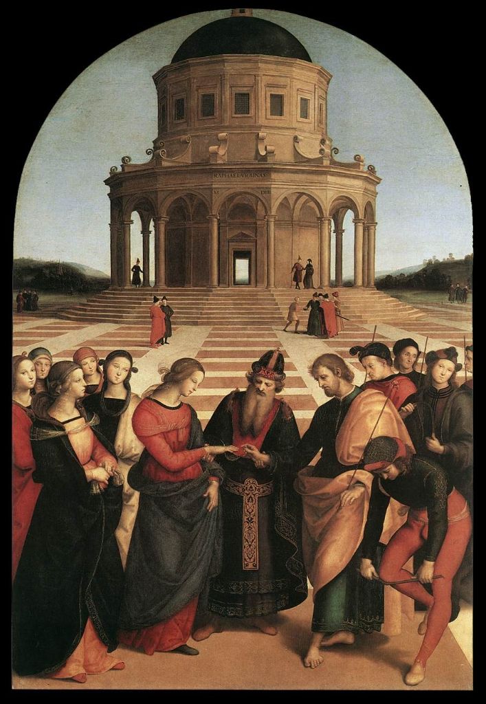 Sposalizio della Vergine di Raffaello, matrimonio davanti a un tempio a pianta centrale