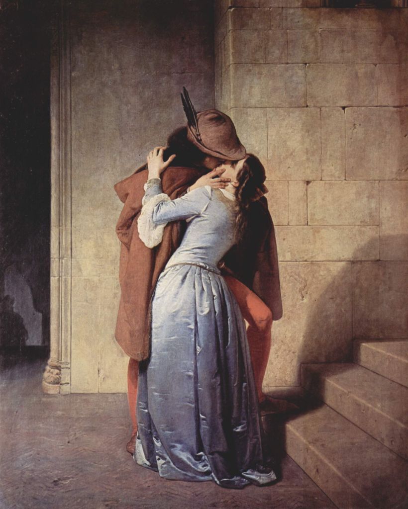 Il Bacio di Francesco Hayez, coppia che si abbraccia in un bacio su una scalinata