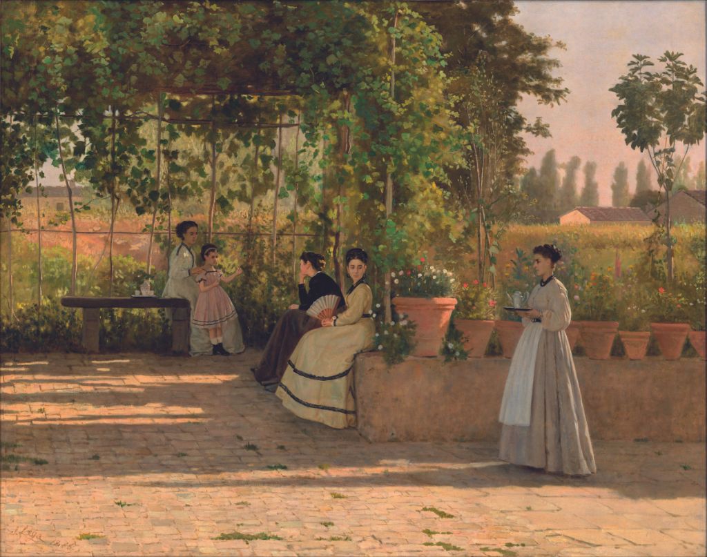 Un dopo pranzo (Il pergolato) di Silvestro Lega, donne sedute sotto un pergolato in un pomeriggio di sole